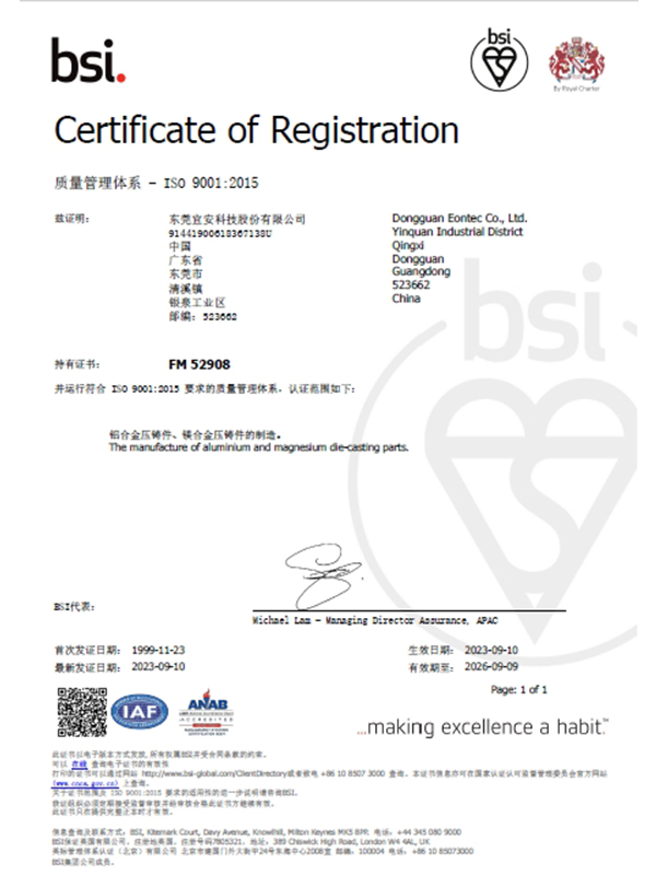 宜安科技-ISO 9001：2015